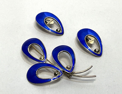 Vintage JEMAX Sterling Denmark Blue Enamel Brooch Clip Earrings Set MCM w/ Box