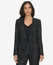 Calvin Klein Collarless Metallic Jacquard Blazer Women's 6 Black Button Closure
