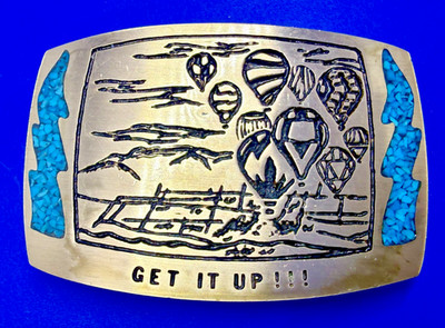 Get It Up! Flying Hot Air Balloon Scenery with Turquoise Chip Inlaid Belt Buckle