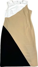 Calvin Klein Dress 8 Sheath Color Block White Khaki Black Knee Length Hidden Zip