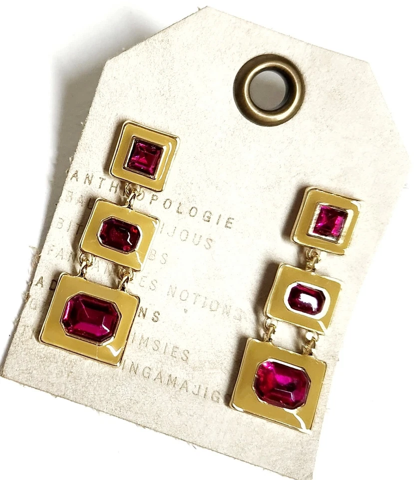 Pendientes colgantes Anthropologie triple cuadrado tostado fucsia enchapados en oro múltiple nuevos con etiquetas Foto 4 de 4