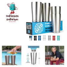 Pint Glasses - Stainless Steel Beer Tumblers - Set of 4 Insulated Cups for Ou...