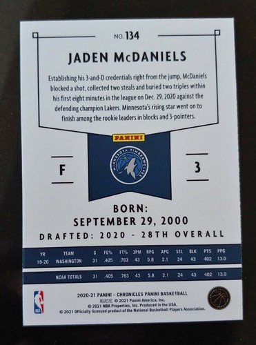 π2020-21 Jaden McDaniels Panini Chronicles Basketball card RC 134 Timberwolves - Picture 2 of 2