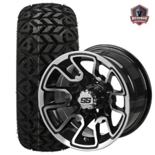 12" Tombstone Machined Black Golf Cart Wheels on Tires Combo (20x10-12) Set of 4