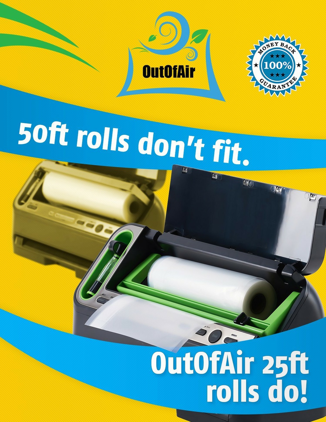 OutOfAir Vacuum Sealer Rolls – 8" & 11" X 25ft, 4 Rolls Total (100ft), BPA-Free-794733