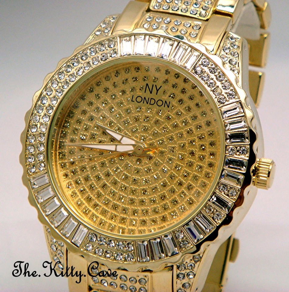Reloj Caballeros Damas Unisex Plato de Oro Rapero Gema de Hielo Proxeneta Bling Baguette Cristales Foto 3 de 4