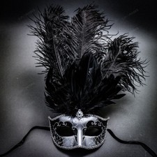 Venetian Silver Black Masquerade Mask Show Girl Ostrich Feather Eye Mask Costume