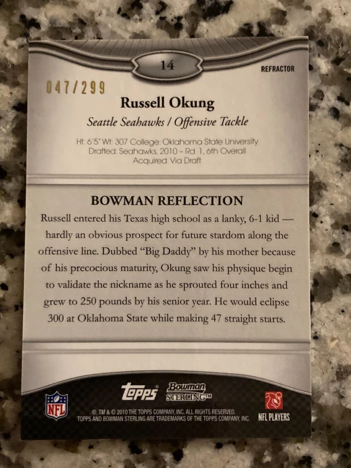 2010 Bowman Sterling Refractors #14 Russell Okung RC/299 SEAHAWKS! MK11 - Image 3 of 3