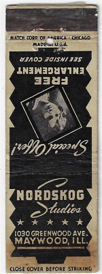 Nordskog Studios Maywood Ill. Photo Enlargement Offer FS Empty Matchcover