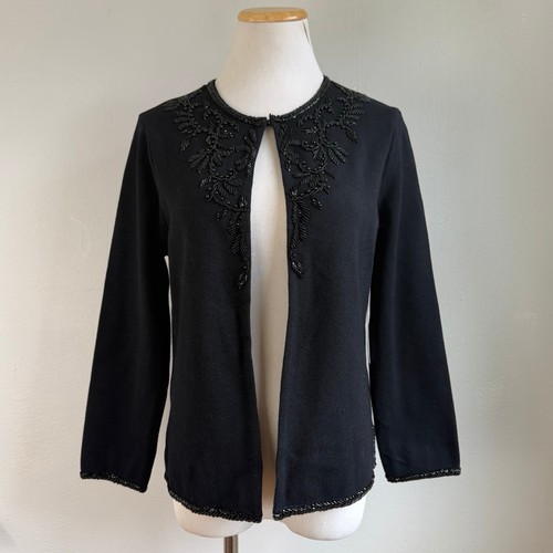 Jones New York Cardigan Sweater Size Small NWT Black Knit Beaded Open Front