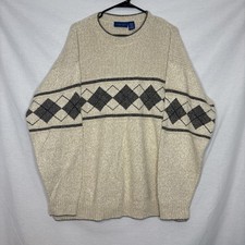 Vintage 90s Towncraft Geometric Diamond Tan Knit Sweater Sz XL Made in USA