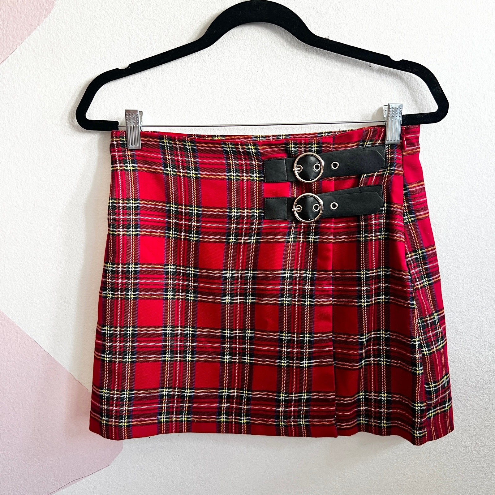 Red Plaid Buckle Mini Skirt Punk Y2K Schoolgirl Grunge Indie Sleaze Medium