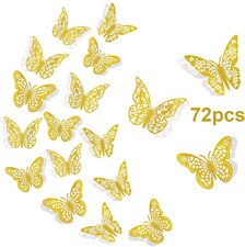 3D Butterfly Wall Decor, 72 Pcs, 3 Styles, 3 Sizes, Gold Butterflies for Party,