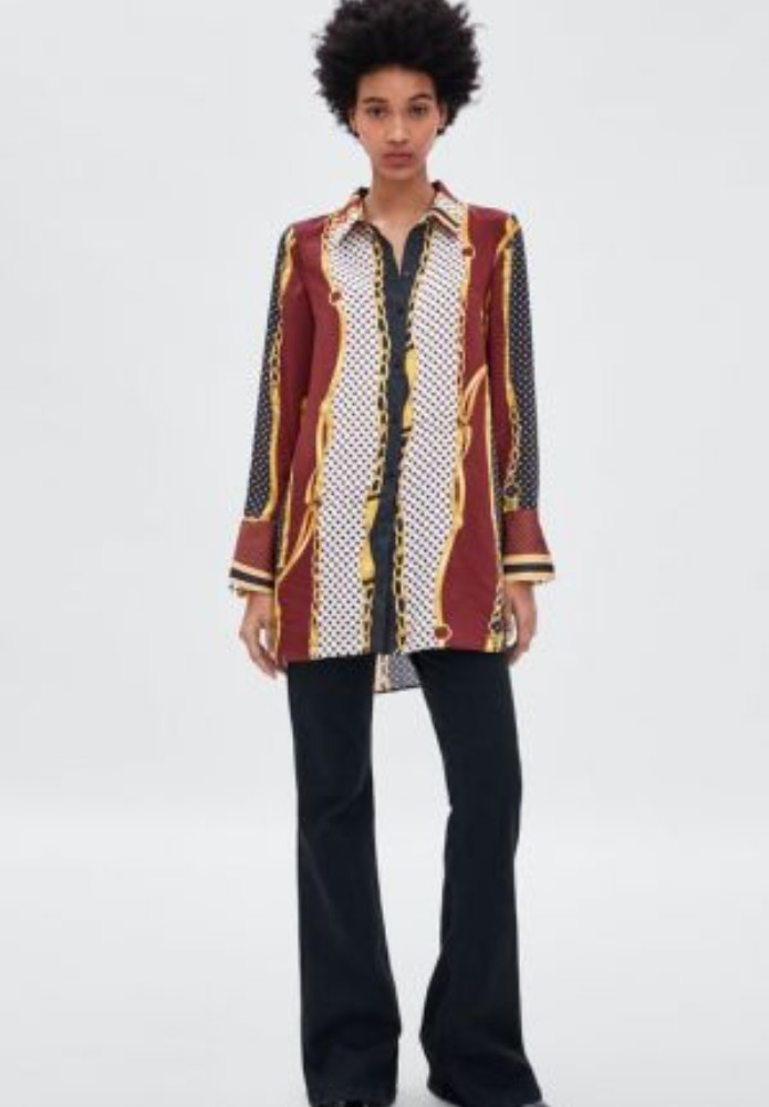 Zara Long Sleeve Chain Print Satin Button-Up Shirt in Size XL