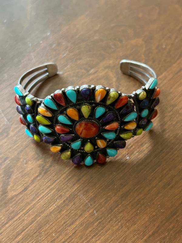 Gorgeous Navajo Multi Stone Cluster Sterling Silver Cuff Bracelet marked S- aLk