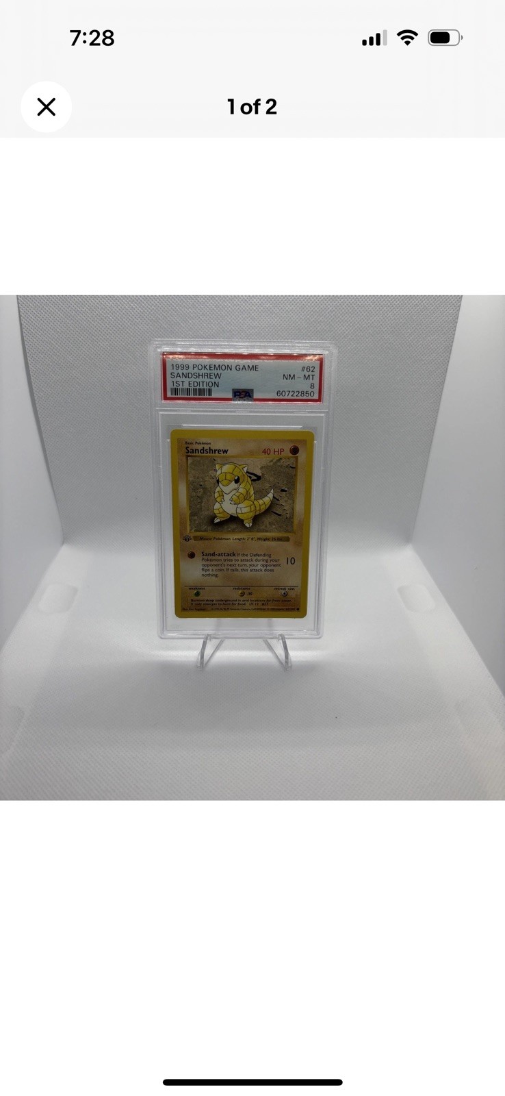 1999 POKEMON BASE SET 1ST EDITION #62 SANDSHREW PSA 8