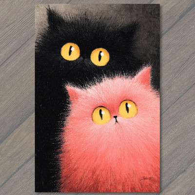 POSTCARD Black Pink Cats Yellow Eyes Cute Furry Duo Whimsical Art
