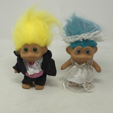 Vintage 5" Bride and Groom TROLL Dolls Wedding Couple Blue Yellow TNT 1991