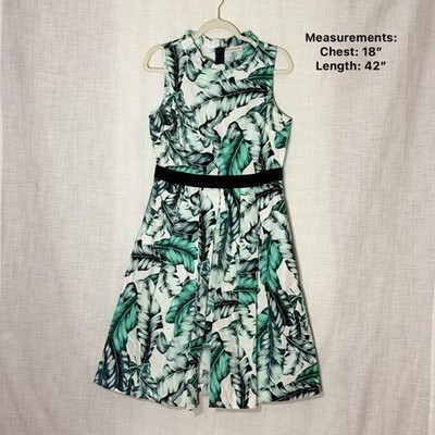Eva Mendes White Green Tropical Leaf Fit & Flare Dress Pleated Full A-Line Skirt