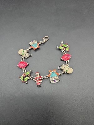 Vintage Miriam Haskell Christmas Snowman Tree Stocking Wreath Enamel Bracelet