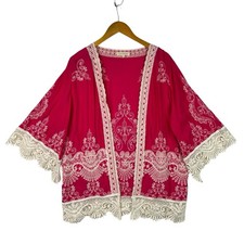 Boho Kimono Cardigan Womens L Pink Embroidered Lace Trim Open Front Festival