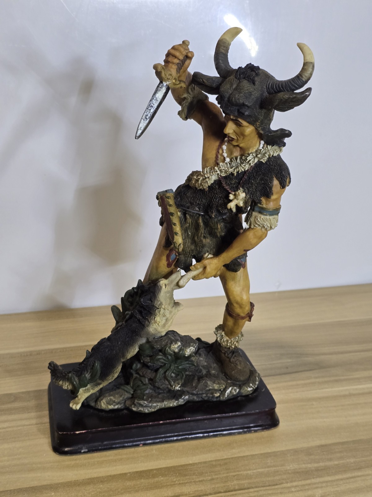 Vintage Hand-Painted Native American Warrior with Wolf Figurine. SOON GEI? 1993?