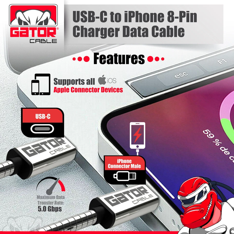 USB-C Fast Charger Cable PD 20W For iPhone 7 8 X 11 12 13 14 Pro Max Plus Metal - Image 4 of 4