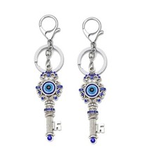 Blue  Silver Evil Eye with Key Shape Keychain key Ring For Bike Car pack of 2