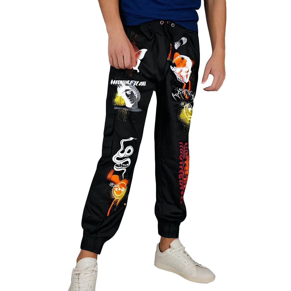 Mens Cargo Trouser Black Large Graffiti Printed Pant Boohoo Man RRP £50