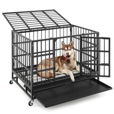 38"Outdoor Dog Crate Kennel Foldable Heavy-Duty Metal Dog Cage w/Rolling Casters
