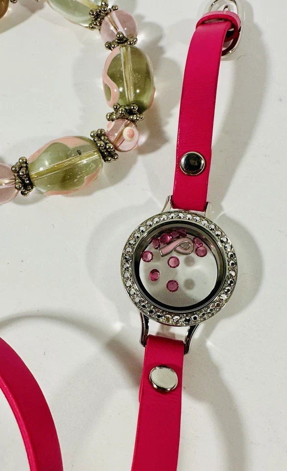 Breast Cancer Awareness Bracelet Set Origami Owl Rhinestone Bracelet Pink Ribbon - Image 2 of 4