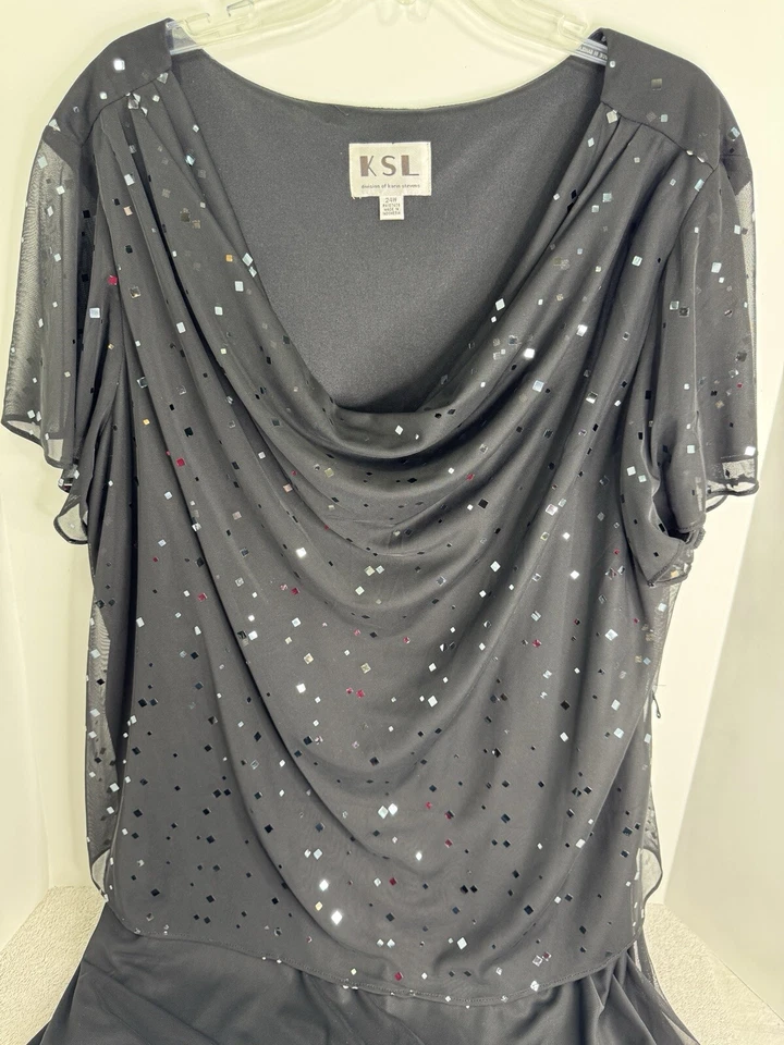 KSL Карин Стивенс 24 Вт черный блестящий трепетать рукав капот шеи платье без ремня - Изображение 3 из 4