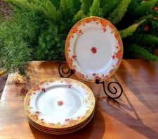 5 T&V Limoges Porcelain Dinner Plates - Floral Pink, Green & Gilded Gold