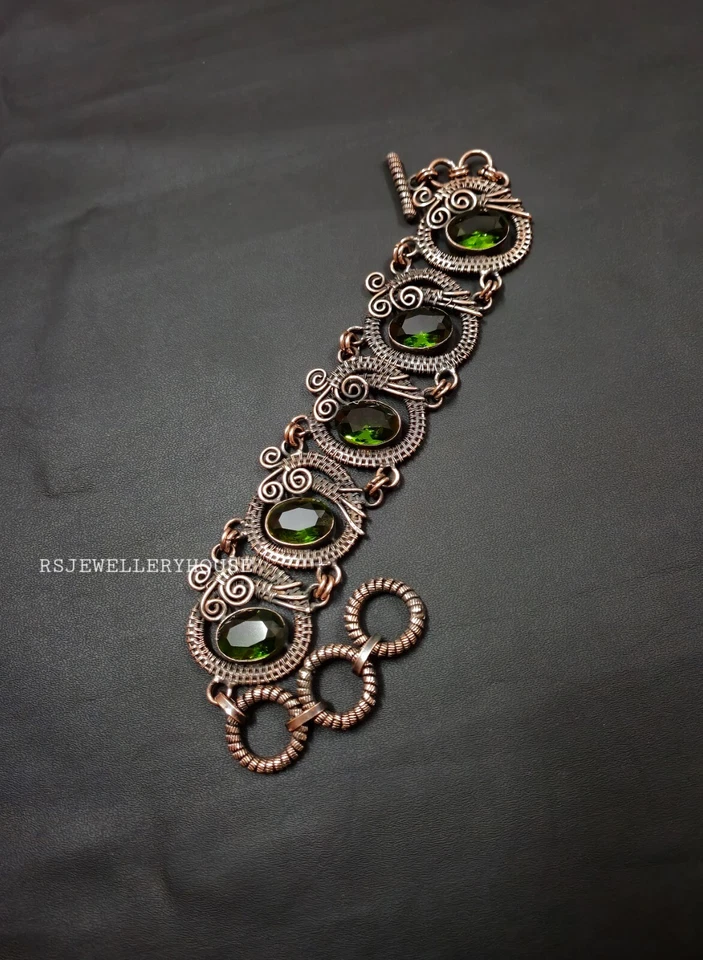 Pulsera Joyería Cobre Peridoto Facetado Piedras Preciosas Alambre Envuelto Pulsera Regalo Foto 2 de 4