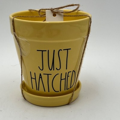 Rae Dunn ''Just Hatched'' Yellow Ceramic Planter Pot With Saucer