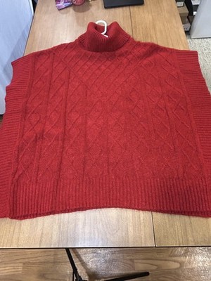 LOFT Sweater Cape Womens XS/S Red Cable Knit Turtleneck Poncho Pullover Fall