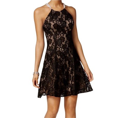 Betsy & Adam Black Cocktail Dress Lace Beaded Strap Fit and Flare Mini Size 6