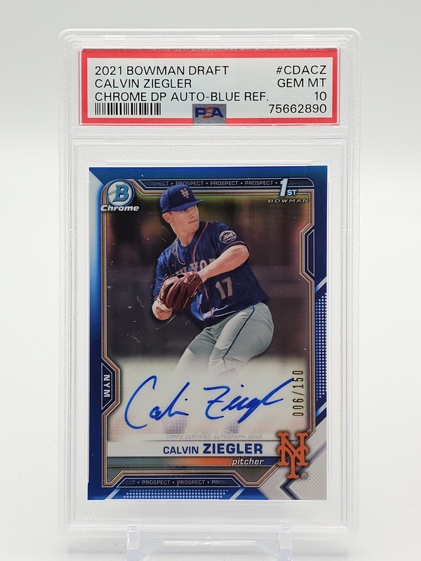 CALVIN ZIEGLER 2021 BOWMAN CHROME DRAFT 1ST BLUE AUTO /150 PSA 10 Q7484