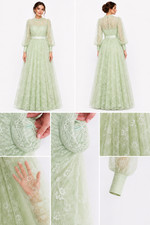 Modest Mint Green Lace Formal Gown Maxi Dress Long Sleeve Size