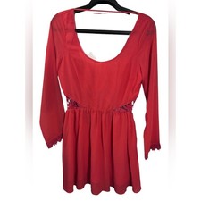 Boho Coral Red Long Sleeve Mini Dress w/ Lace Cut Out Details & Low V Back | M