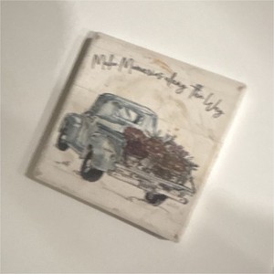 Decorative Painted Ceramic Square Tile Vintage Blue Pickup Truck with Flowers