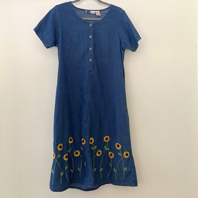 LA CERA Denim Embroidered Dress Size S Blue Sunflowers Pockets Country Modest