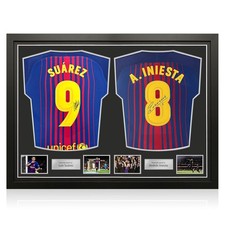 Luis Suarez & Andres Iniesta Signed Barcelona 2017-18 Shirts. Dual Frame