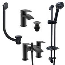 Black Mono Basin Tap & Bath Shower Mixer with Slider Rail Kit Waste Round Curved