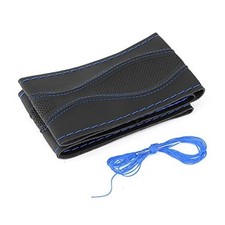 15in Leather Steering Wheel Cover, DIY Hand Sewn Stitch On Wrap with Dark blue