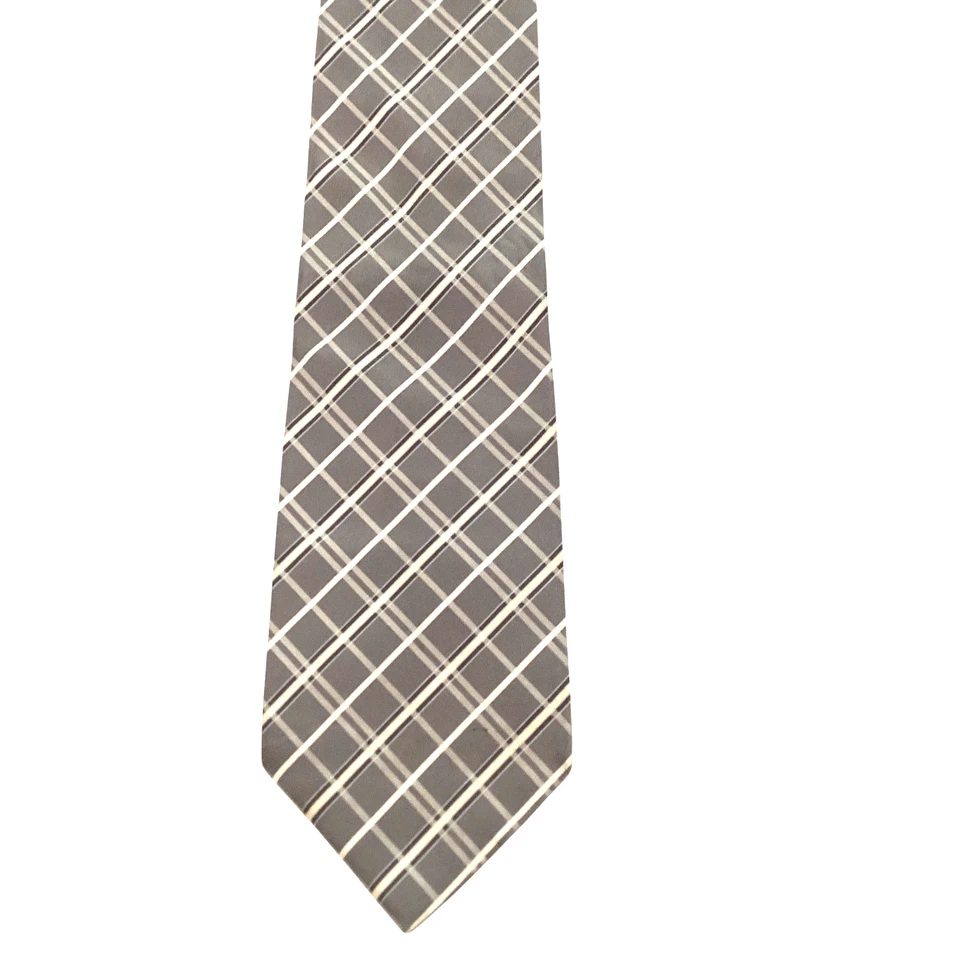Галстук мужской ALTEA большой и высокий шелк 63 1/4 дюйма итальянский дизайнерский клетчатый серый/слоновая кость б/у в отличном состоянии - Изображение 2 из 3