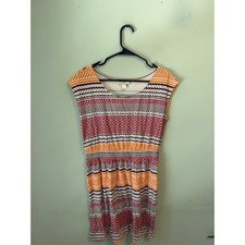 Loft Women Orange Burgundy Geometric Stripe Smocked Waist Cap Sleeve Dress M