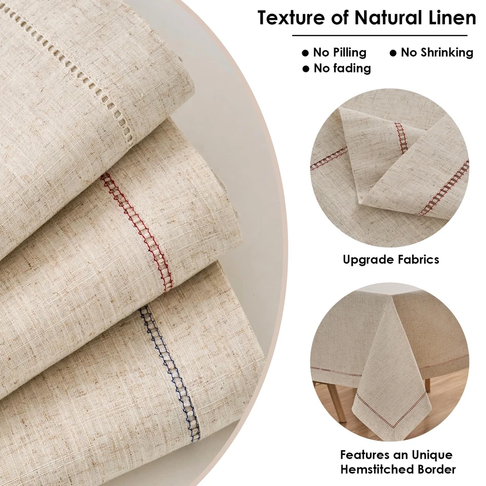 Christmas Natural Flax Linen Tablecloth – Undyed Square Hemstitch Table Cover... - Image 4 of 4