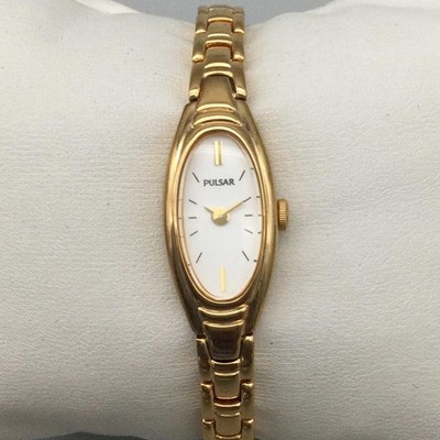 Pulsar Womens Watch 12mm White Dial Gold Tone Oval V220-X017 New