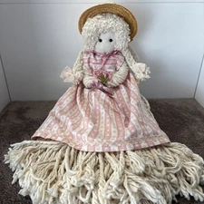 Vintage Yarn Mop Country Prairie Doll W/ Pink & White Dress